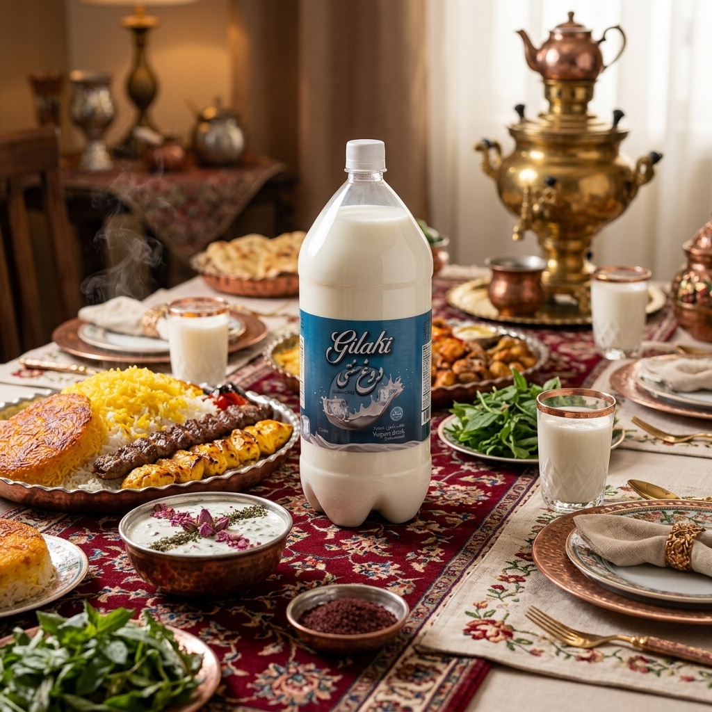 Gilaki yogurt drink on a Persian family banquet table